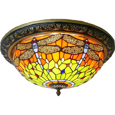 Lustre Tiffany AUTRUCKER Exquis - Motif Libellule, Douille E27, Plafonnier pour chambre, Peut accueillir 3 ampoules, Éclairage vintage - 50 cm (1/5)