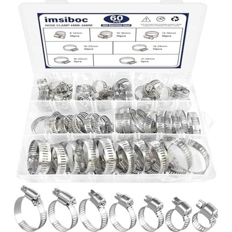 Assortiment de 60 colliers serrage en acier inoxydable réglables 6 à 38 mm pour plomberie, machine laver, mécanique, jardin et automobile - 1/4''- 1-1/2'' (6-38mm) (1/5)