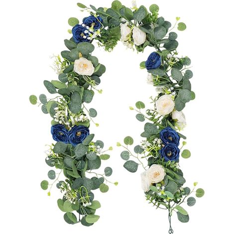 Guirlande de fleurs d'eucalyptus artificielles à suspendre avec roses - 180 cm - Pour arche de mariage, toile de fond, porte, table (bleu) (1/5)