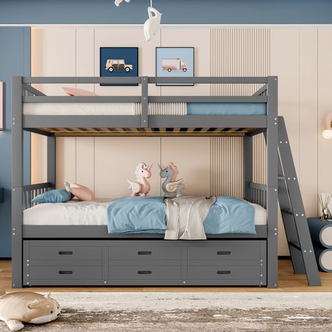 MEUBLIV Lit superposé 90x200 cm gris – échelle, lit gigogne et 3 tiroirs, sans matelas (1/5)