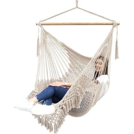 Chaise Hamac Suspendue Chaise de Tissage en Corde de Coton Filé Doux, Barre d'écartement en Bois Dur Siège Large en Dentelle Balançoire (1/5)