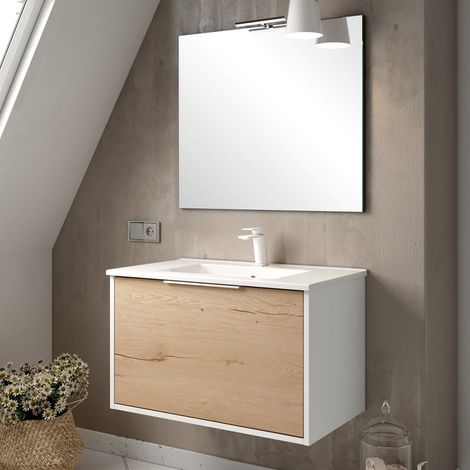 Meuble de salle de bain 80cm simple vasque - 1 façade et 2 tiroirs - Blanc/Roble - ALBA (1/3)