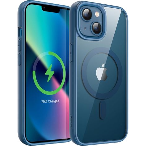 Coque Magnétique pour iPhone 13 6,1 Pouces Compatible avec MagSafe, Étui Housse Antichoc Bumper, Cadre en TPU Mat de Couleur Unie, Dos Transparent Anti-Rayures (Bleu)