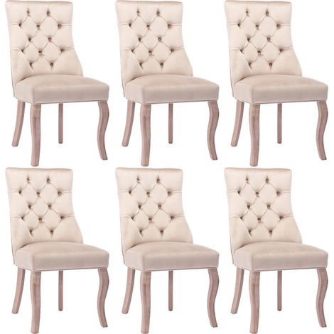 Chaise de salle à manger beige en velours avec dossier haut et pieds en bois massif, lot de 6 (1/5)