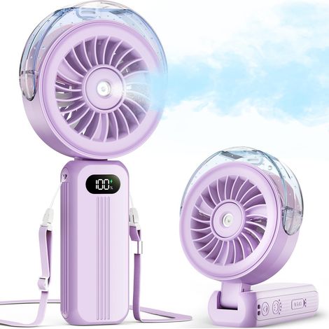 Ventilateur brumisateur portable, puissant à 4 vitesses élevées, rechargeable, petit ventilateur à main, 4000 mAh, fonctionne avec piles, pliable, cordon, refroidissement personnel pour (1/5)