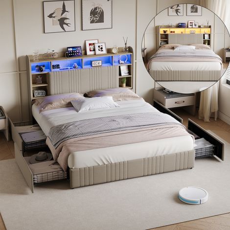BSMGSGN-Lit double 160x200 cm avec LED et USB, 4 tiroirs de rangement, tête de lit avec étagères, cadre de lit avec sommier à lattes, lit en lin beige pour adultes et adolescents, sans matelas (1/5)