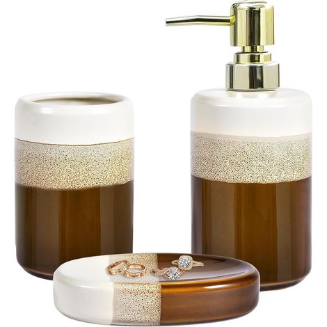 Ensemble d'accessoires de salle de bain 3 pièces en céramique émaillée naturelle réactive pour baignoire, douche, comptoir, distributeur de savon pour maison, hôtel, marron doré (1/5)