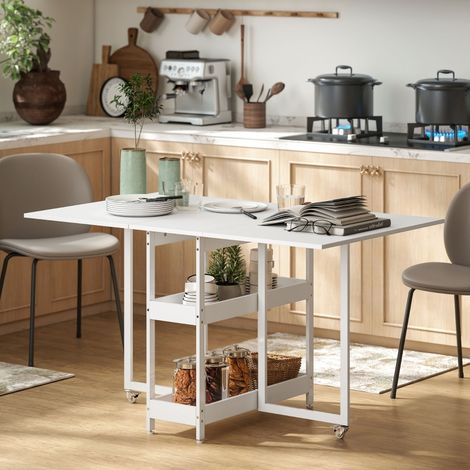 Mesa de comedor plegable de madera blanca con estantes y ruedas, 133,4x80x75 cm, para 2-4 personas