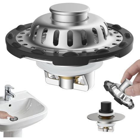 Bouchon de lavabo 3 en 1 en acier inoxydable - Pour trou de lavabo de 30 à 60 mm - Noyau de bullet en laiton - Nickel brossé (1/5)