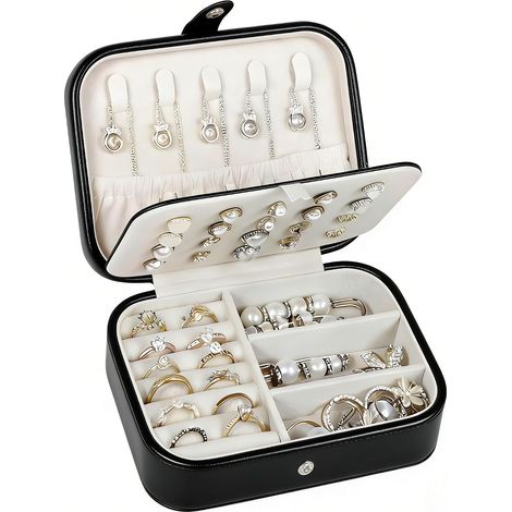 Boîte à Bijoux de Rangement Bijoux, Boite a Bijoux pour Femmes, en Cuir, Petite Boite a Bijou Voyage Femmes Filles, Voyage, Colliers, Boucles D'Oreilles, Bagues et Bracelets, Noir (1/5)