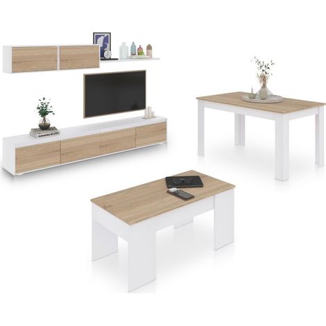 Pack salón con mesa de centro y mesa de comedor Arlet Max V2B Blanco Artik (Blanco Mate) - Roble Canadian (ancho) x 43cm (alto) (1/5)