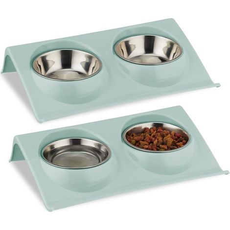 Support surélevé Double gamelle, Lot de 2, Bol pour Chat, Chien, HxLxP : 6,5 x 29 x 19 cm, Bleu/argenté