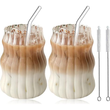 2er Set Gerippte Trinkgläser 530ml mit Strohhalmen & Bürsten
