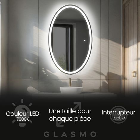Miroir LED Lumineux 50x70 cm Vivian - Vertical Ovale de Salle de Bain Mural avec éclairage Blanc Froid 7000K avec Interrupteur Tactile (1/5)