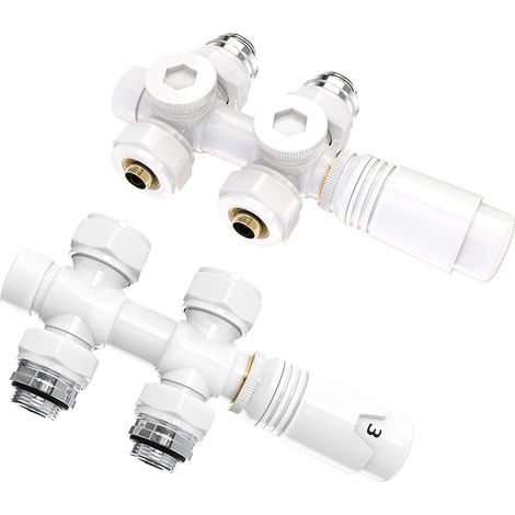 S'AFIELINA Thermostat de radiateur Set multibloc pour radiateur Robinetterie de raccordement pour radiateur de salle de bain, Blanc (2 pc)