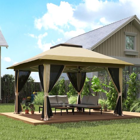 Auvent pliable 3,6x3,6 m avec côtés en maille UPF50+ hauteur réglable sac avec roues et sacs de sable beige