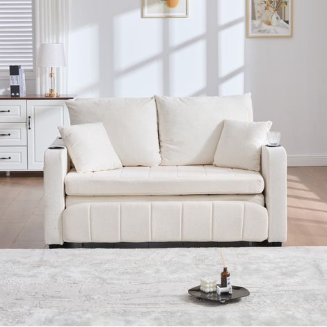 Sofá cama de chenilla beige 139 x 83 x 58 cm, convertible y compacto con bolsillos laterales (1/5)
