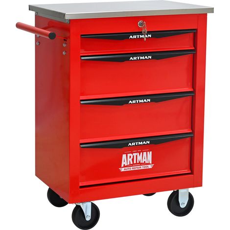 Carrello portautensili a 4 cassetti in acciaio rosso con ruote e piano in acciaio inox (1/5)