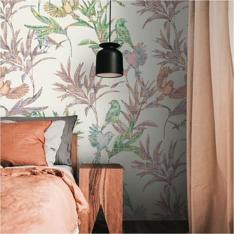 Photo wallpaper Profhome 398791 hot embossed non-woven wallpaper smooth with birds pattern matt white green violet 1.59 m x 2.8 m (1/4)