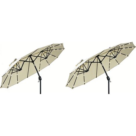 2er-Set  sonnenschirm 295 x 219cm Doppelsonnenschirm mit LED, verstellbarem Neigungswinkel, Gartenschirm für Terrasse & Pool, Polyester & Stahl, Beige