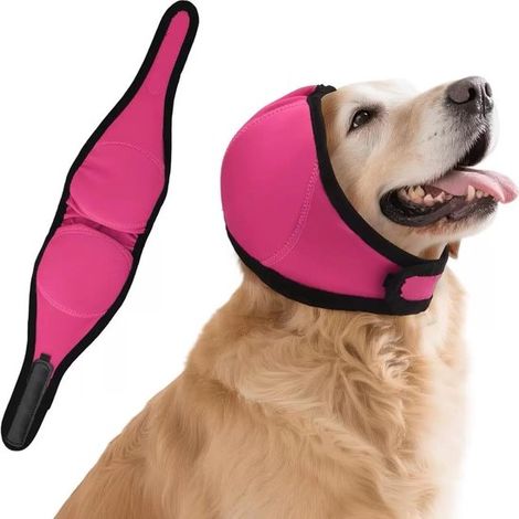 Protezioni auricolari per cani senza alette, taglia L, rosa acceso, 3 in 1, protezione auricolare intrecciata contro contusioni e rumore, calmante per cani che hanno paura delle pulci (1/5)