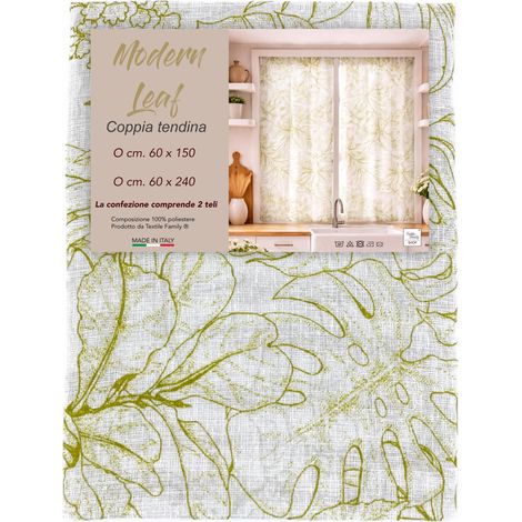 Coppia Tendine a Vetro Modern Leaf Verde Semitrasparenti in Bouclè con Tunnel per Astina – 2 Teli Made in Italy COPPIA (2 TELI) CM. 60X240 (1/5)