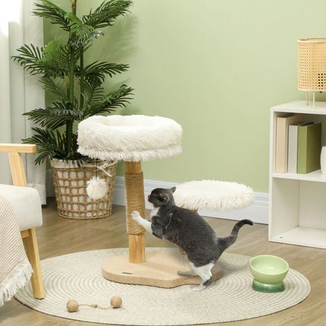 Tiragraffi per gatti 50x47x61.5cm per gatti fino a 5 kg letto in peluche lavabile pallina sospesa bianco legno per casa (1/5)