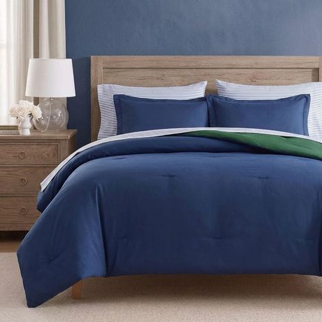 Parure de lit Double, Parure de lit réversible, Comprend des Couvre-oreillers, Un Drap-Housse, Une taie d'oreiller et Un Sac à Linge (Bleu Marine, lit Double) (1/5)