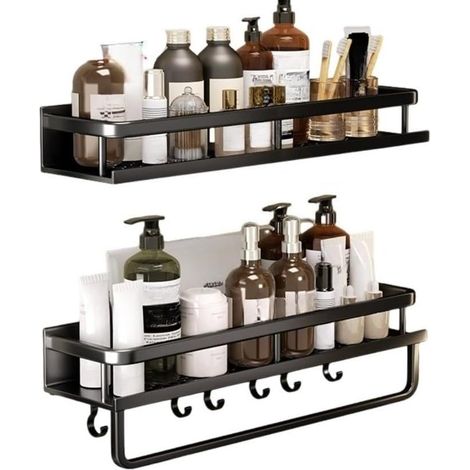 Étagère murale salle de bain 50 cm, rangement sans perçage noir, organisateur mural pour shampoing, savon, cosmétiques et accessoires (1/2)