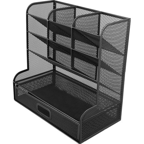 Pupitre de bureau organisateur 9 compartiments, range-crayons multifonctionnel avec tiroir, porte-stylos et accessoires, étagère pratique pour fournitures. (1/5)