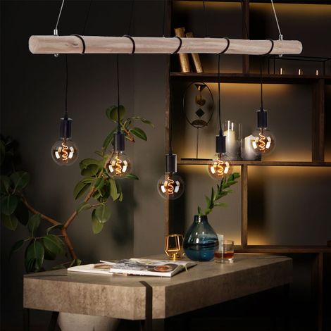 Retro Hänge Decken Leuchte Holz Balken Vintage FILAMENT Pendel Lampe im Set inkl. LED Leuchtmittel