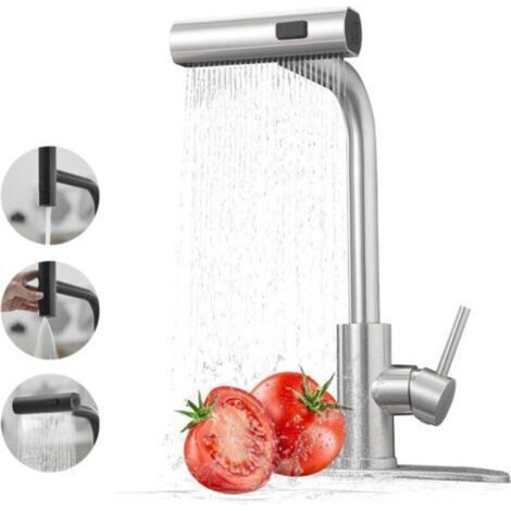 Robinet de Cuisine Cascade, Rotatif à 360° Mitigeur Cuisine avec Douchette, à Haute Pression avec Levier Unique et 3 Modes de Pulvérisation, Acier Inoxydable (1/5)