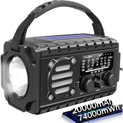 Radio Urgence Manivelle Solaire AM/FM 20000 mAh USB-C - Lampe Torche Lecture Fonction SOS - Compacte Camping & Urgences (1/4)