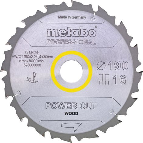 Lame de scie circulaire HW/CT 210 x 30 x 2,6/1,8, nombre de dents 16, denture plate, angle d'attaque 25° metabo
