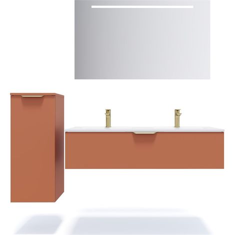 Meuble de salle de bain suspendu double vasque intégrée 120cm 1 tiroir Terracotta + miroir + colonne ouverture gauche - Venice (1/5)
