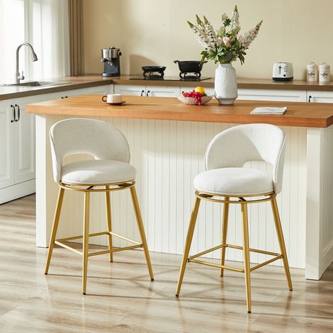 REDOM - Tabouret de bar - rotation 360° - dossier ajouré - repose pieds - structure en métal doré - pivotant en chenille - beige (1/5)