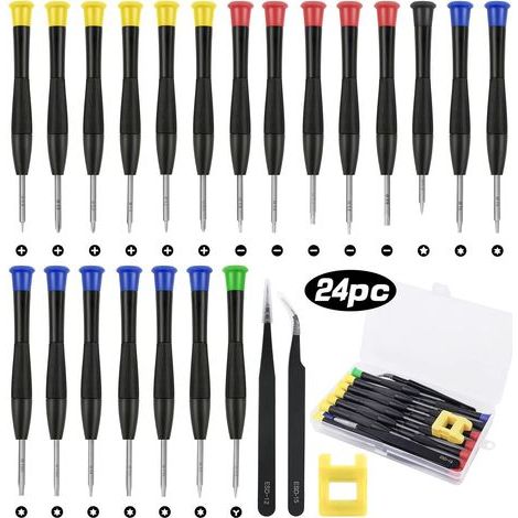 Ensemble d'outils de réparation mini 24 pièces, tournevis de précision, lunettes PC, montre PS4, lunettes à bijoux, téléphone portable avec 2 pinces, aimant et boîte de rangement (1/5)