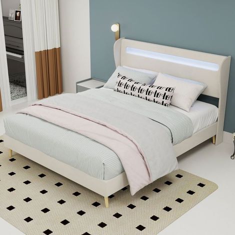 Lit rembourré - SOGEU - Capitonné 140x200 - Tête rétroéclairée LED - Beige - 2 places (1/5)