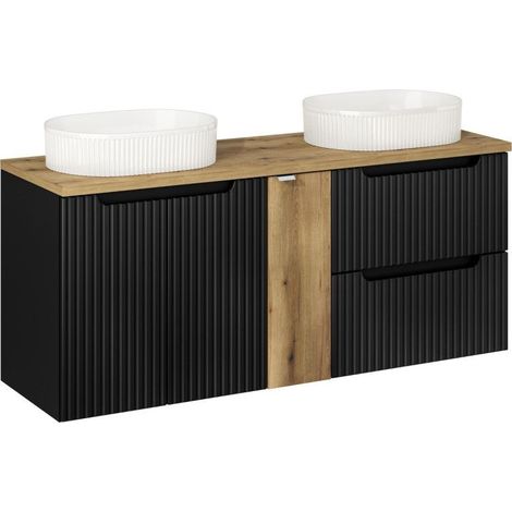 Meuble Double Salle de Bain 140 cm + 2 Vasques à poser + Plateau - 3 portes + 2 tiroirs - Astral Black - Livraison gratuite (1/5)