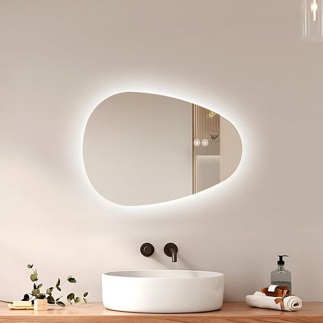 EMKE Bathroom Mirror with Lighting 60 x 45 cm Asymmetrical LED Mirror with Anti-Fog, Touch Switch, 3 Light Colours, Dimmable (1/5)