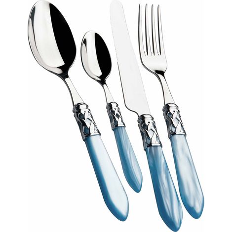 Ensemble de Couverts 24 pièces en Acier Inoxydable 18/10, Anneau chromé et Manche Bleu Clair Effet Nacre. Set 6 Personnes: 6 cuillères, 6 fourchettes, 6 Couteaux, 6 cuillères à café (1/5)