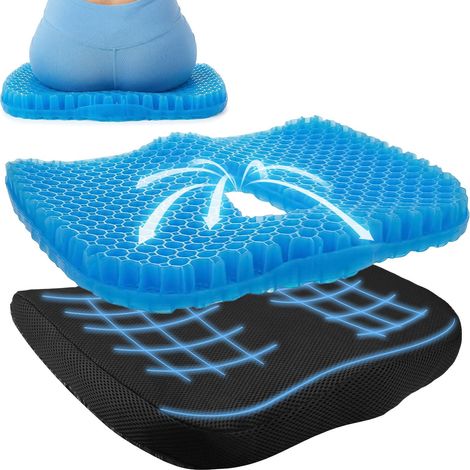 Coussin d'assise en gel - 43 x 37 x 4 cm - Ergonomique - Soulage le coccyx - Avec structure en nid d'abeille - Pour chaise de bureau, voiture, bureau, maison - Bleu (1/5)