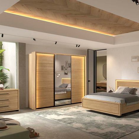 Chambre complète lit 160x200cm avec éclairage led + 2 chevets + commode + armoire aspect bois et noir - LUDY