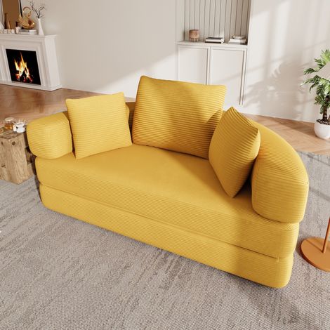 Conversion canapé/lit ovale 2-en-1 – Canapé modulable sans ossature rigide – Base antidérapante – Mousse haute densité – 173×176 cm – 3 coussins inclus – Jaune moutarde (1/5)
