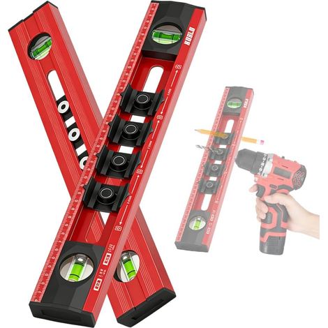 Aluminium Spirit Level 40 cm, Electrician Spirit Level with 4 Adjustable Drilling Templates and Double Scale, for Location Positioning and Alignment for Sockets, Picture Hanging and DIY (1/5)