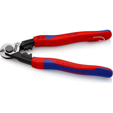 KNIPEX 95 62 190 T BK Cesoia per funi in acciaio forgiata rivestiti in materiale bicomponente, con anello di fissaggio incorporato per agganciare una protezione anticaduta 190 mm (1/4)