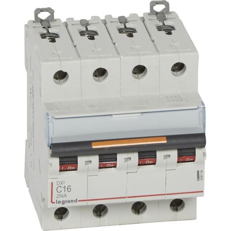 Disjoncteur DX³ 25kA arrivée haute et départ bas à vis 4 Pôles 400V 16A courbe C 4 modules LEGRAND 409794