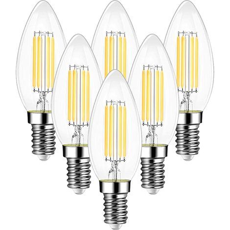 Ampoule Filament Bougie Vintage LED E14, Ampoules 6W LED Filament équivalent ampoule traditionnelle 60W, E14 Ampoules Culot Vintage Edison Blanc Chaud 2700K 750LM, Lot de 6 [Classe énergétique E] (1/5)