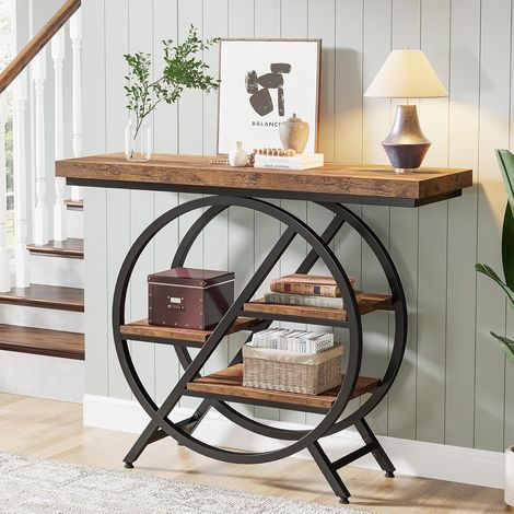 Tribesigns Table Console, 100 cm Table d'entrée avec Plateau épais, Industrielle Table de canapé Tables d'appoint avec Cadre métallique géométrique pour Le Salon, l'entrée, Brun Rustique (1/5)