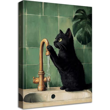 Cadre en Bois Impression sur Toile Chat Noir Rigolo Tableau Affiche Decoration Murale Image sur Toile Chaton Chat Lisant le Journal sur les Toilettes Tableau Decoration Murale Salle de bain WC 30x40cm (1/5)